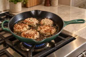 Soft chicken patties browning in an Artichaut skillet