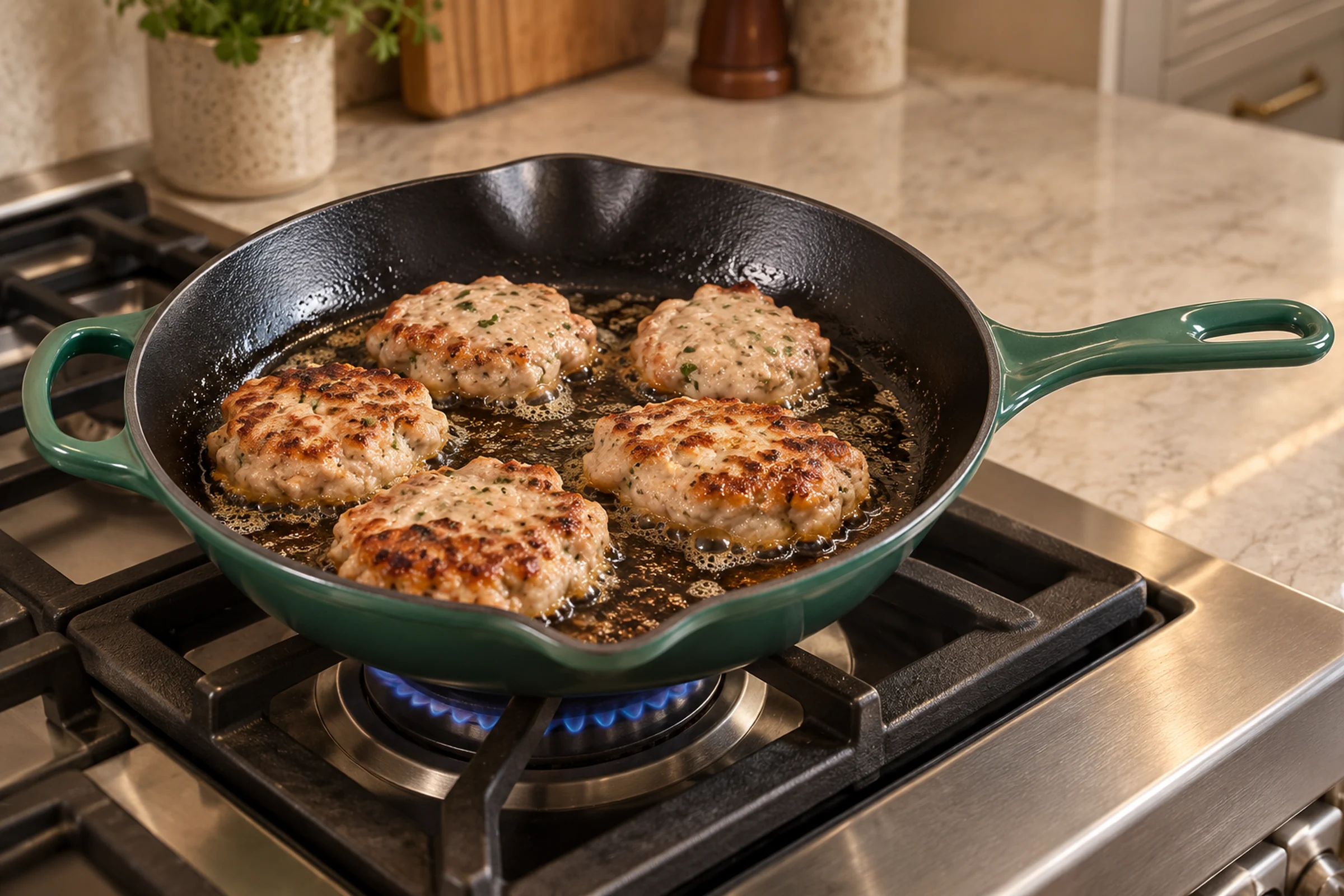 Soft chicken patties browning in an Artichaut skillet