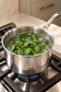 Stemless mint leaves just wilted in a supported Le Creuset stainless saucepan
