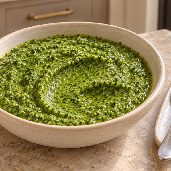 Creamy Full GAPS lemon mint pesto in a cream bowl