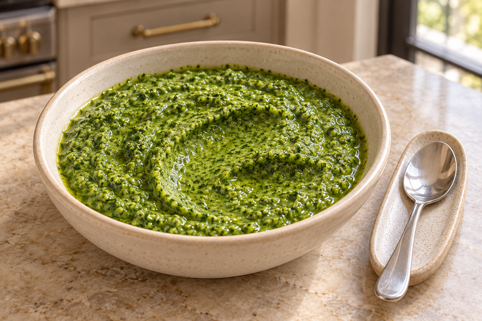 Creamy Full GAPS lemon mint pesto in a cream bowl
