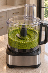 Creamy lemon mint pesto at the finished food processor stage