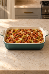 Unbaked Mexican cabbage roll casserole before cheese in an Artichaut dish
