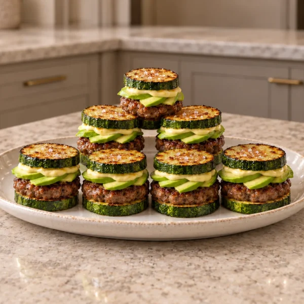 Seven mini zucchini avocado burgers arranged on a ceramic platter in the WFLI kitchen