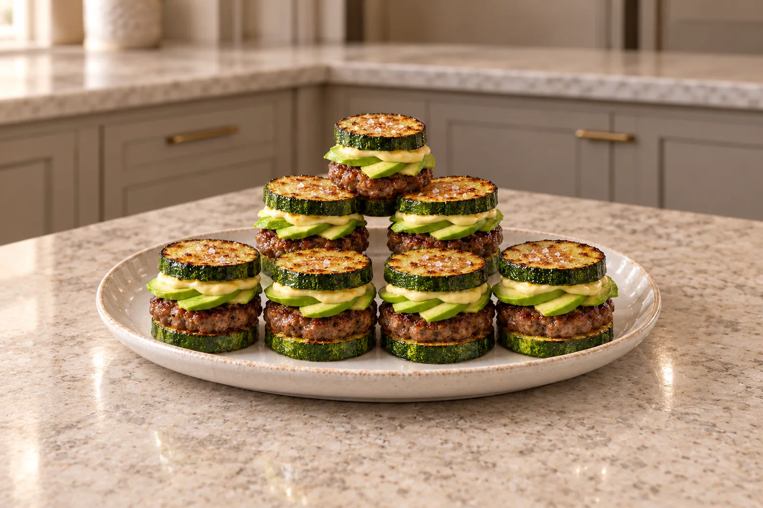 Seven mini zucchini avocado burgers arranged on a ceramic platter in the WFLI kitchen