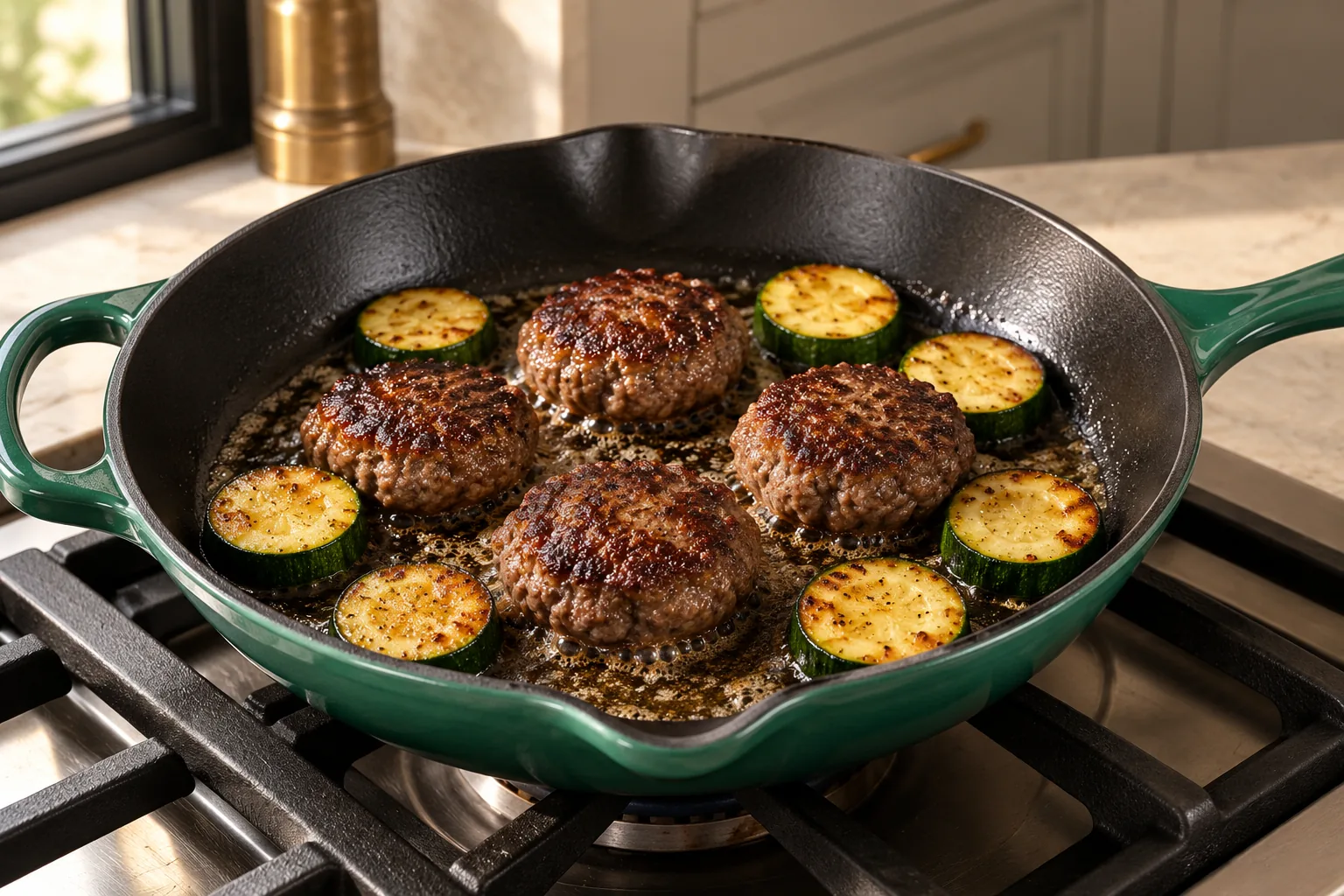 Mini beef patties and thick zucchini rounds browning in an Artichaut skillet