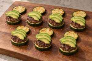 Seven mini beef patties on zucchini rounds with avocado slices and top rounds ready to assemble
