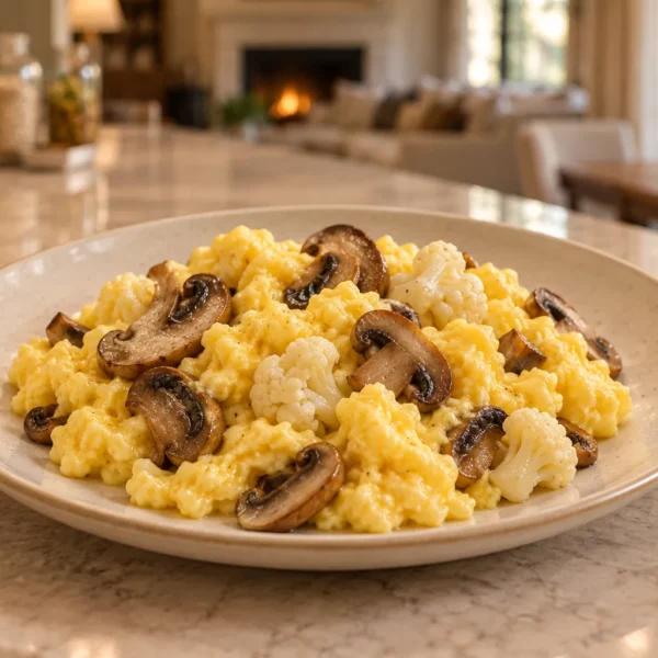 Mushroom cauliflower scrambled eggs for Full GAPS on a cream plate