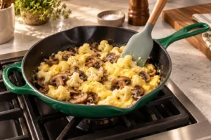 Egg curds forming around mushrooms and steamed cauliflower in the Artichaut skillet
