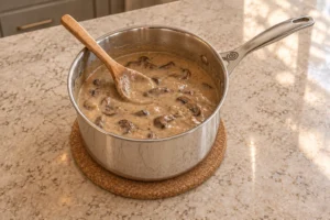 Full GAPS mushroom onion gravy with mushroom slices and a gravy-coated spoon in a stainless saucepan