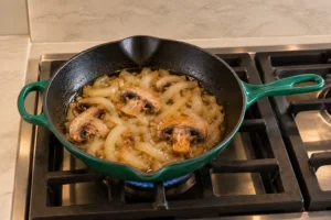 Soft translucent onions and sliced mushrooms for a Full GAPS lettuce-wrap burger in a supported Artichaut skillet on the range