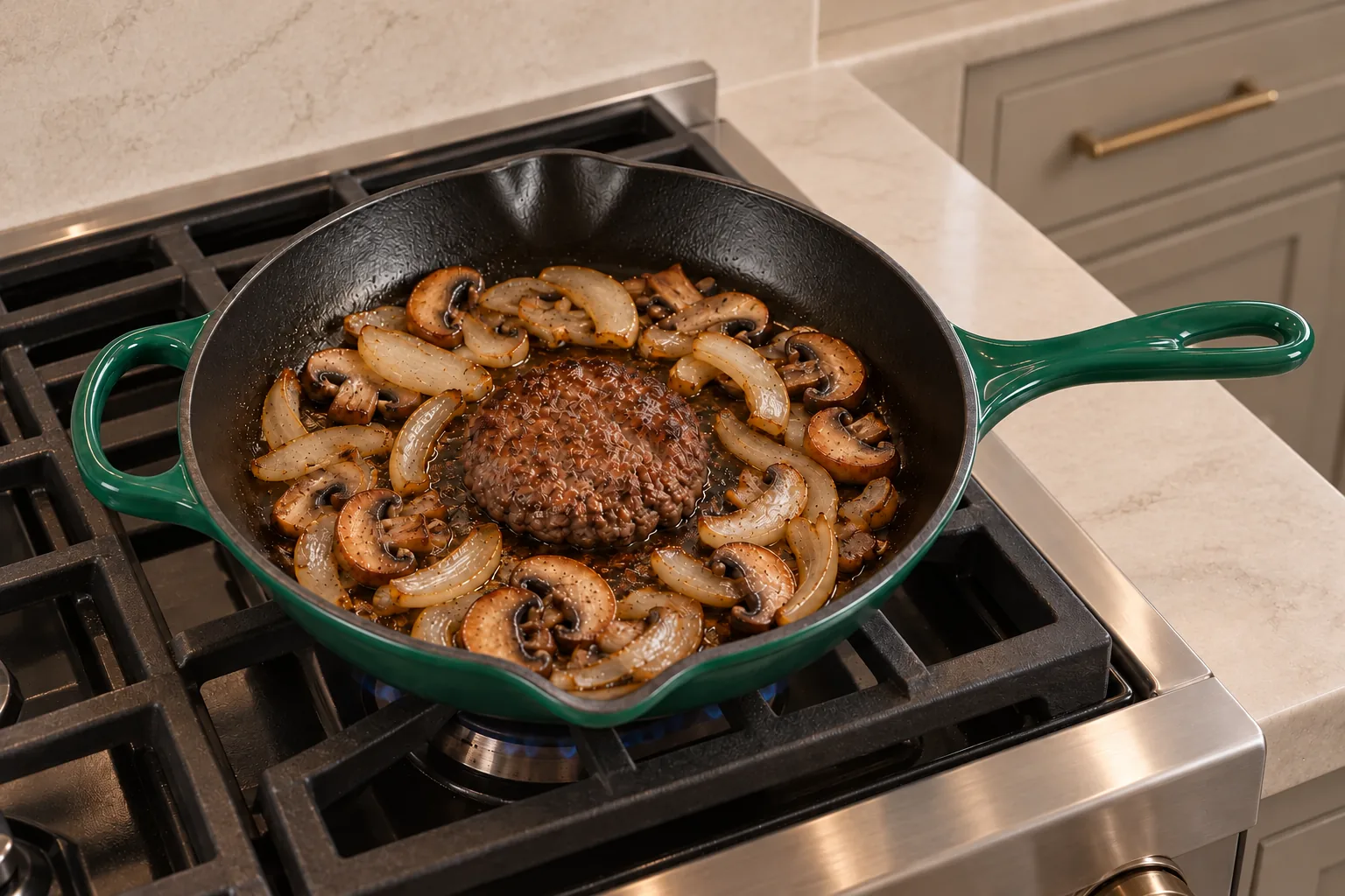 One small cooked beef patty with mushrooms and onions for a Full GAPS burger in a supported Artichaut skillet on the range