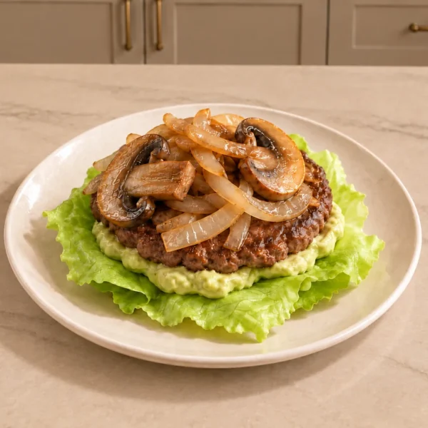 Mushroom and onion lettuce-wrap burger for Full GAPS with homemade avocado mayonnaise on two iceberg lettuce leaves