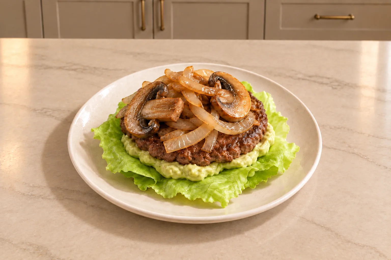 Mushroom and onion lettuce-wrap burger for Full GAPS with homemade avocado mayonnaise on two iceberg lettuce leaves