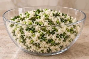 Raw shredded cauliflower with optional chard and asparagus before adding egg