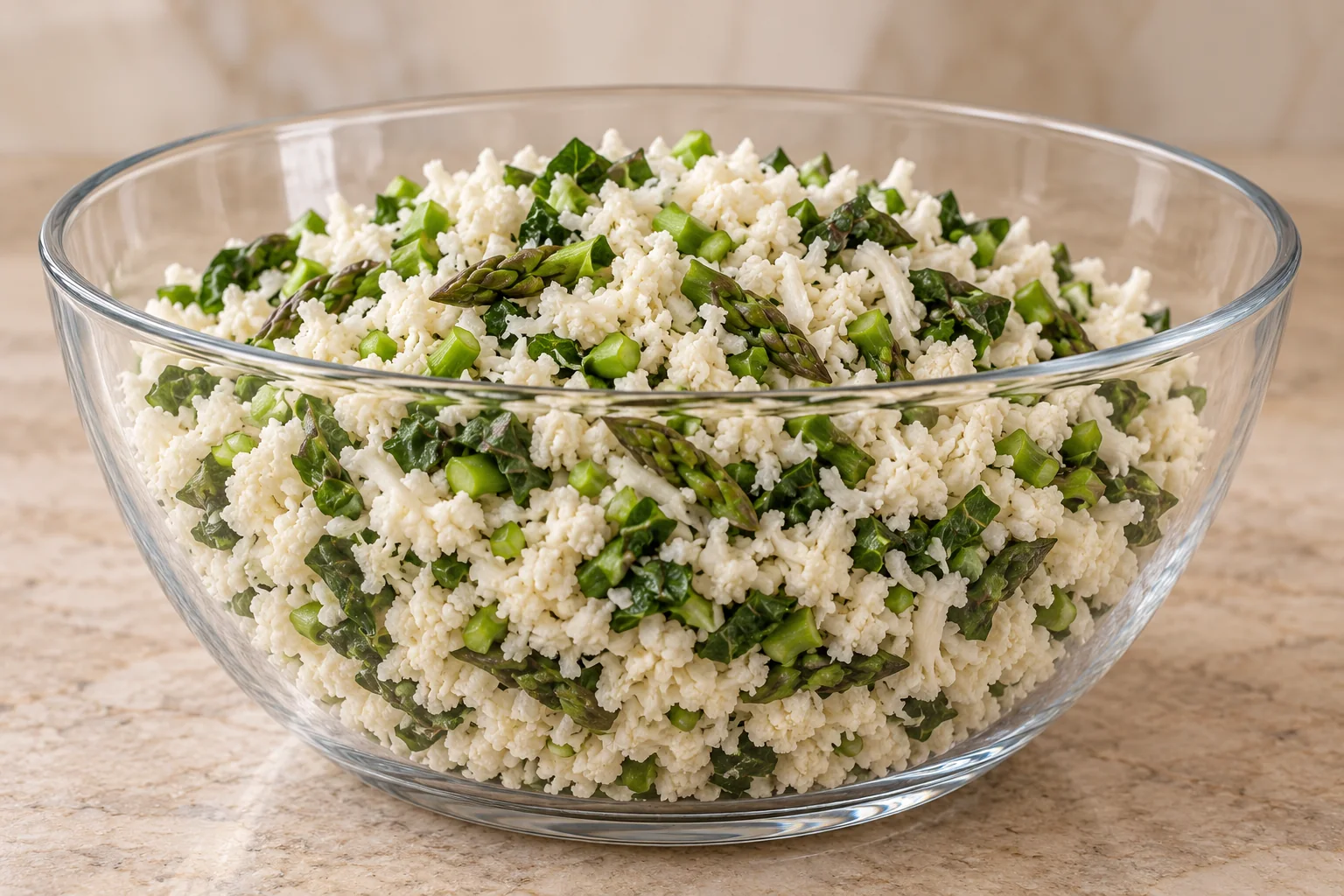 Raw shredded cauliflower with optional chard and asparagus before adding egg