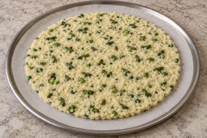 Raw cauliflower crust mixture pressed firmly on fresh parchment
