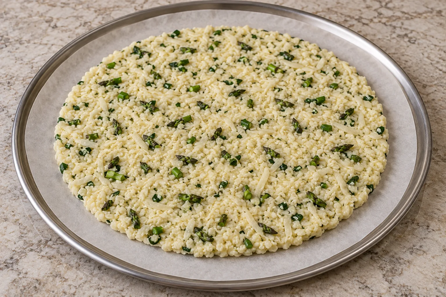 Raw cauliflower crust mixture pressed firmly on fresh parchment