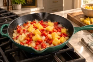 Onion roasted red pepper and pineapple in the Artichaut skillet
