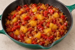 Thick cooked pineapple and roasted red pepper chutney in the Artichaut skillet