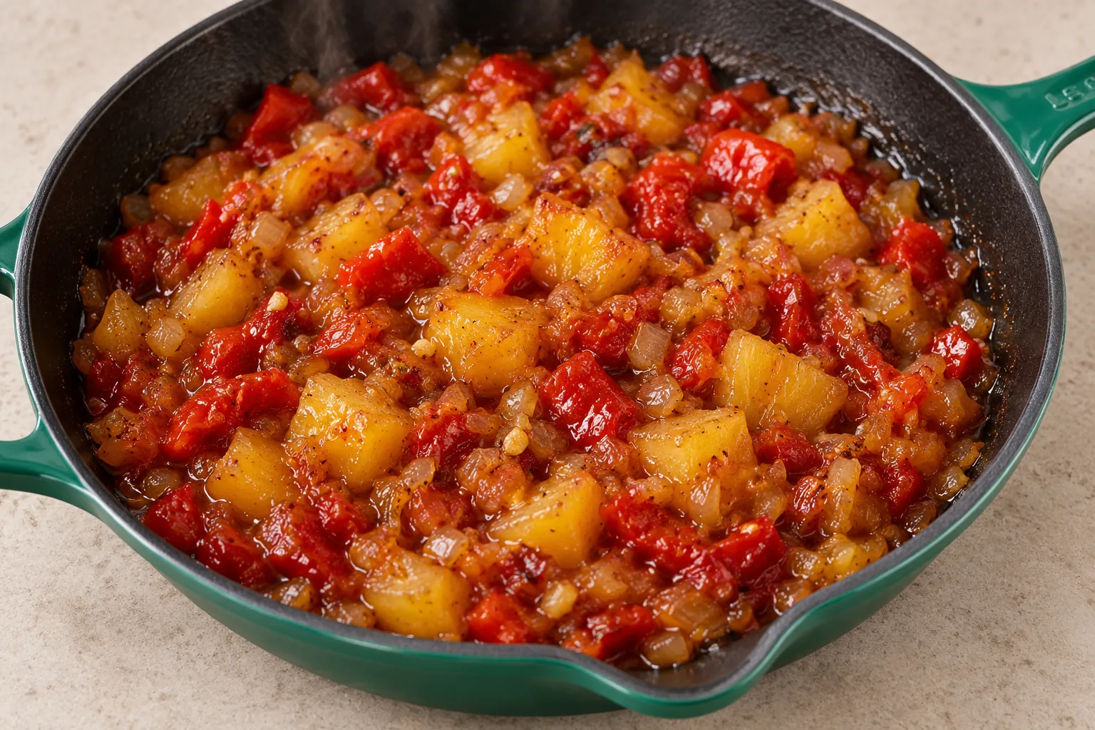 Thick cooked pineapple and roasted red pepper chutney in the Artichaut skillet