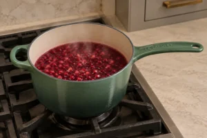 Pomegranate arils simmered in red water in an Artichaut saucepan for Full GAPS jello