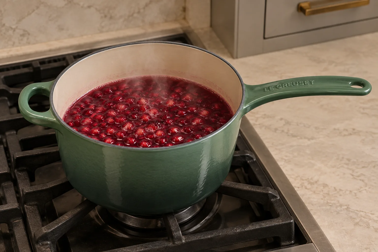 Pomegranate arils simmered in red water in an Artichaut saucepan for Full GAPS jello