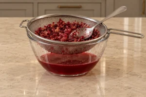 Pressed pomegranate pulp in a mesh colander over strained red infusion for Full GAPS jello