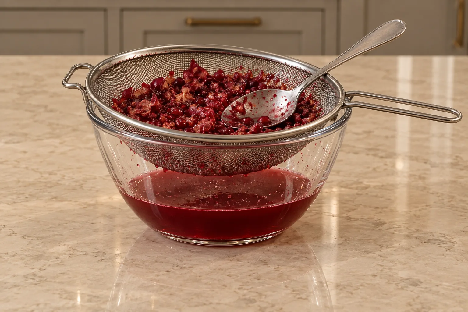 Pressed pomegranate pulp in a mesh colander over strained red infusion for Full GAPS jello