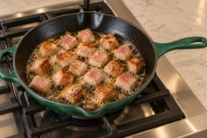 Pork chop cubes at the first-flip cue in the Artichaut skillet