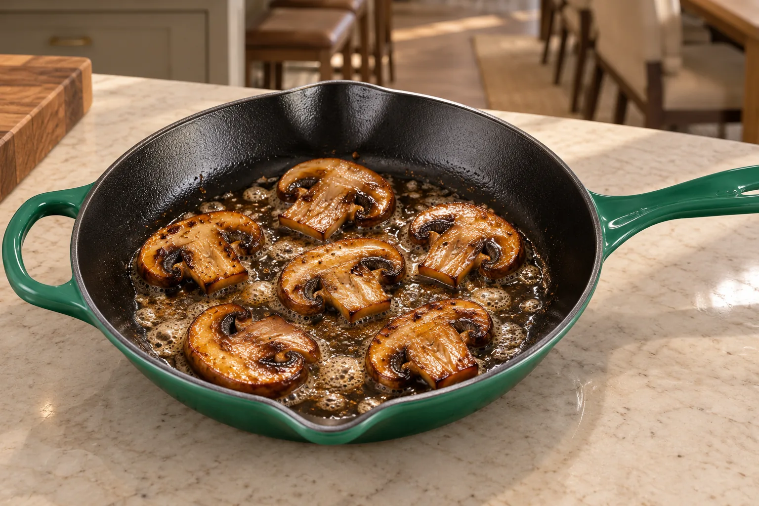 Six sliced mushrooms browned in butter in the Artichaut skillet
