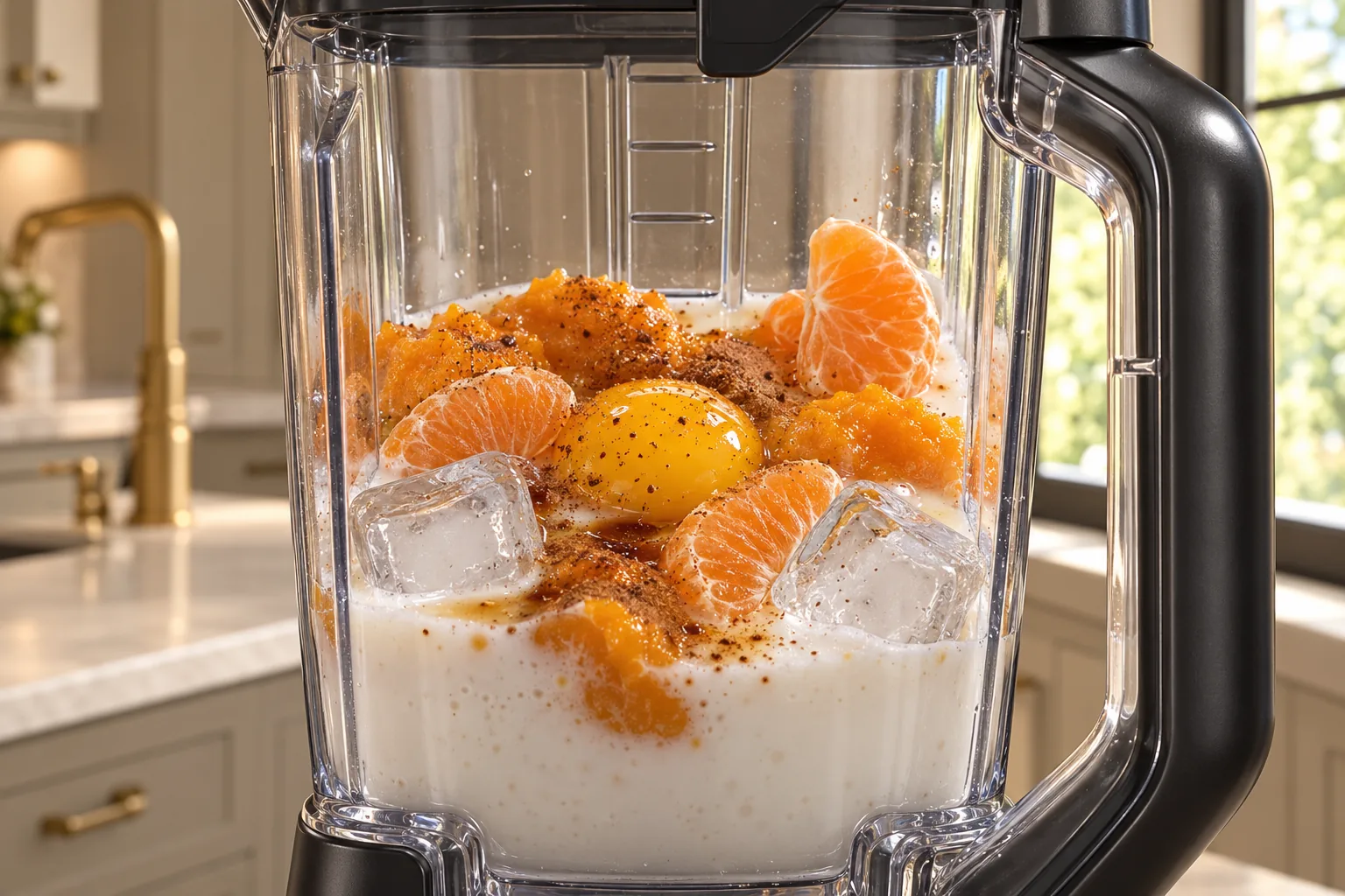 Coconut milk butternut squash raw egg yolk clementine ice vanilla and spice in the Ninja BN801
