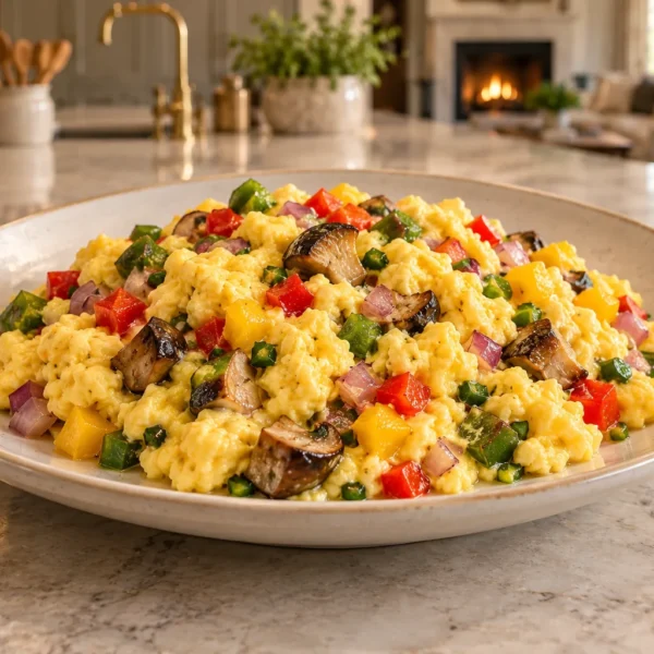 Rainbow vegetable scrambled eggs for Full GAPS on a cream plate