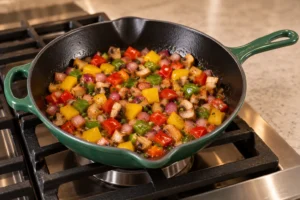 Measured rainbow vegetables softened in the exact Artichaut skillet