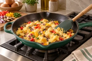 Six eggs forming moist curds around colorful vegetables in the Artichaut skillet