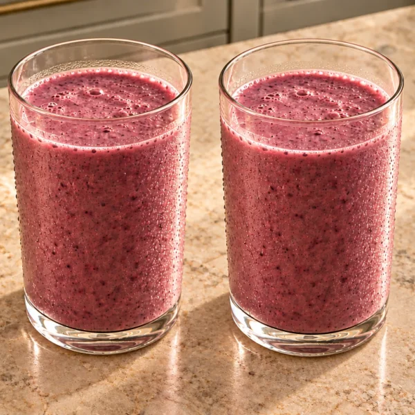 Two glasses of roasted peach and blackberry smoothie made with homemade coconut milk