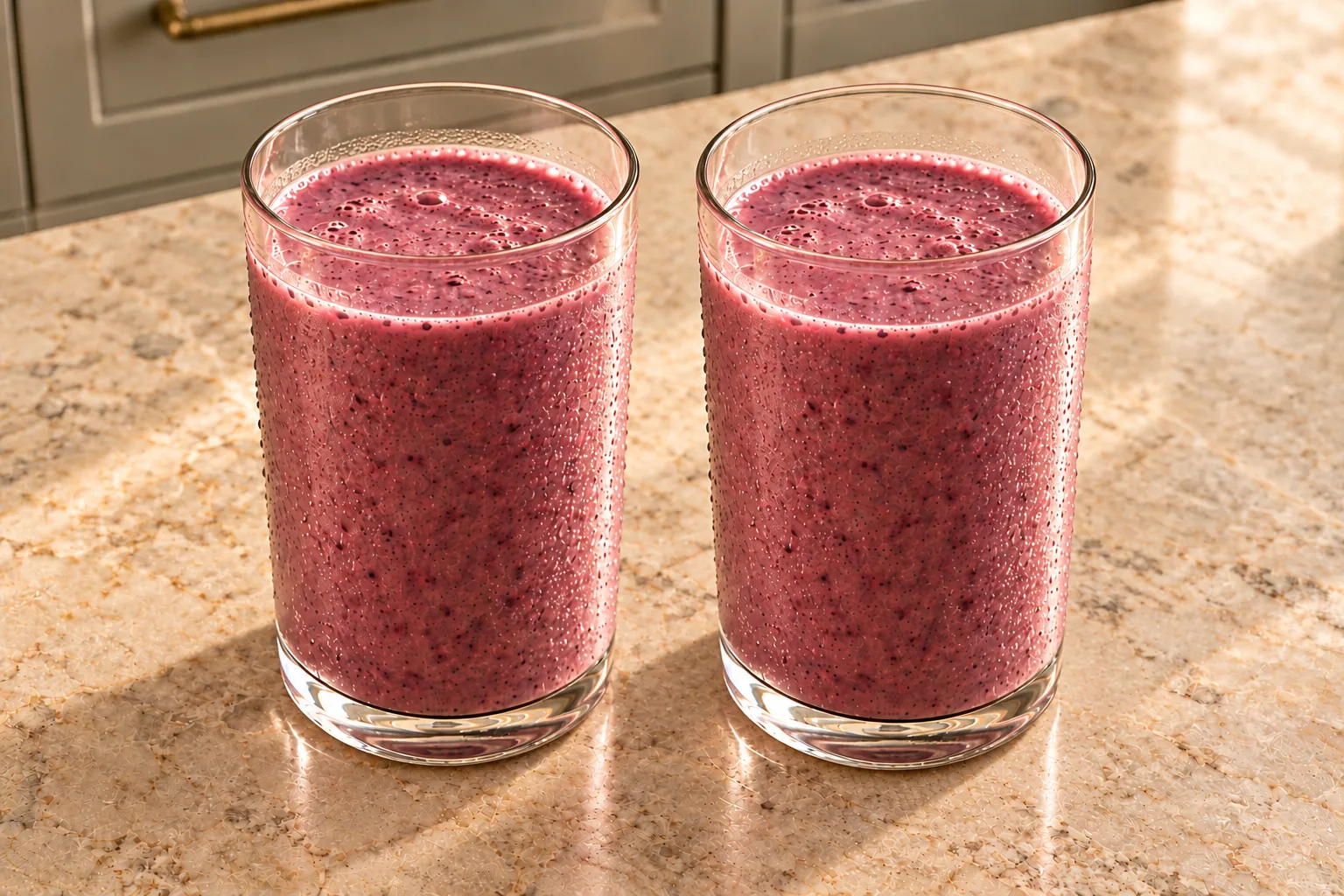Two glasses of roasted peach and blackberry smoothie made with homemade coconut milk