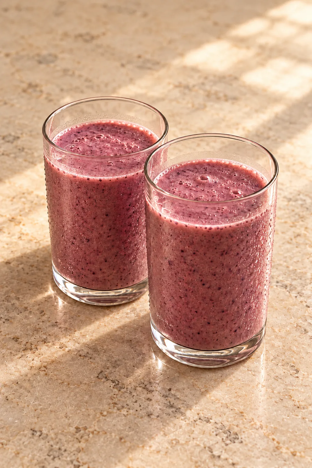 Roasted peach and blackberry smoothies in two ordinary serving glasses for Full GAPS