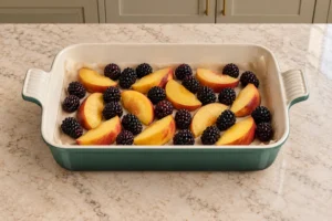 Fresh peach slices and blackberries on parchment in an Artichaut Le Creuset dish before roasting