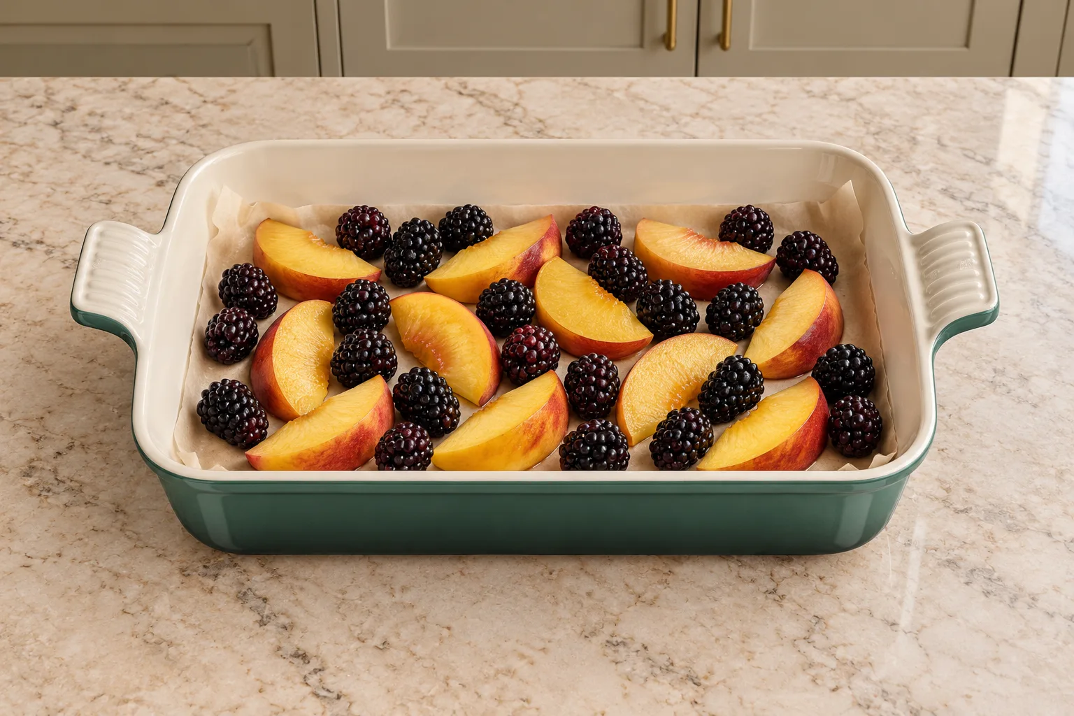Fresh peach slices and blackberries on parchment in an Artichaut Le Creuset dish before roasting