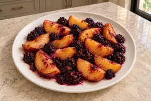 Tender roasted peach slices and juicy blackberries cooling on a plate before blending