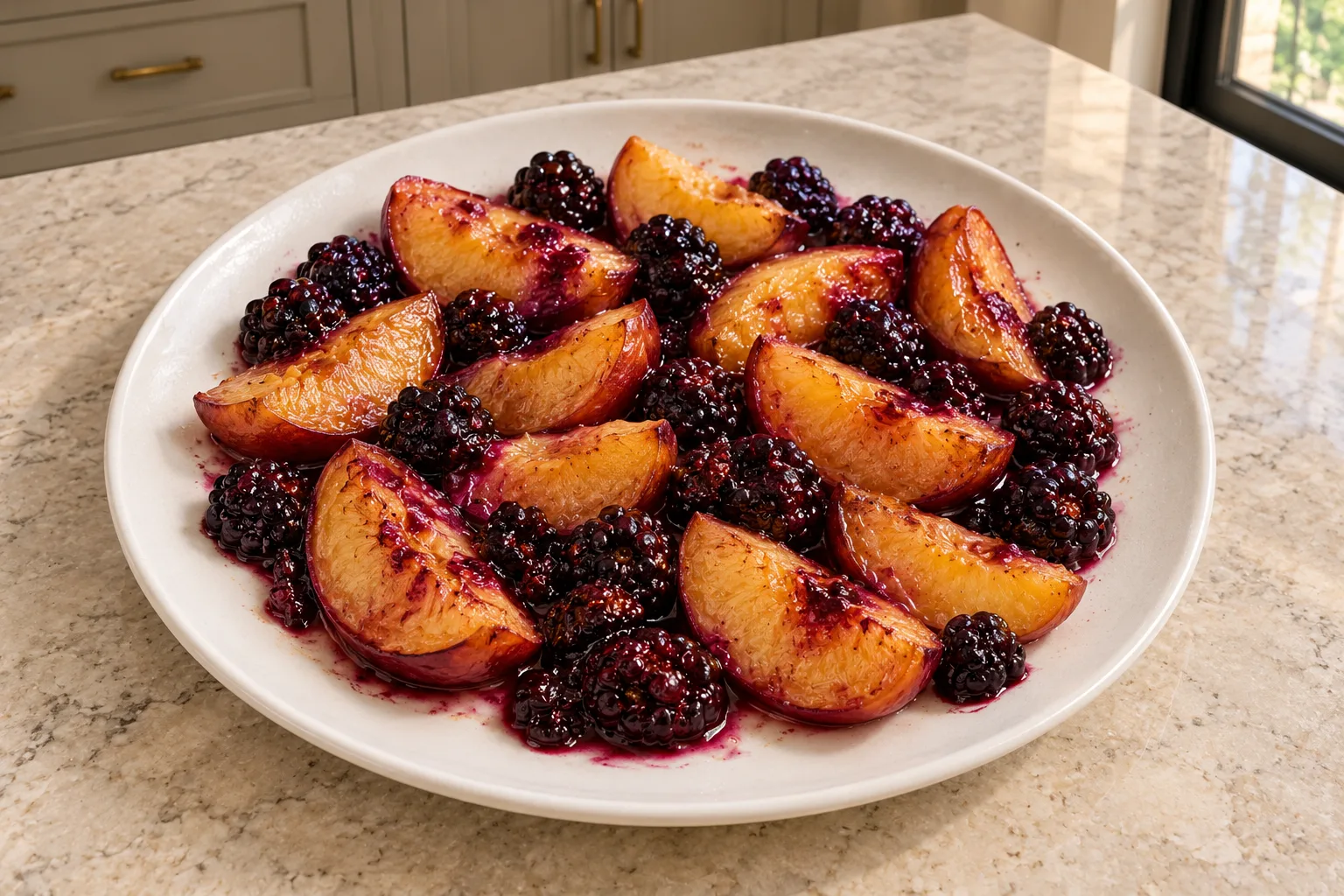 Tender roasted peach slices and juicy blackberries cooling on a plate before blending