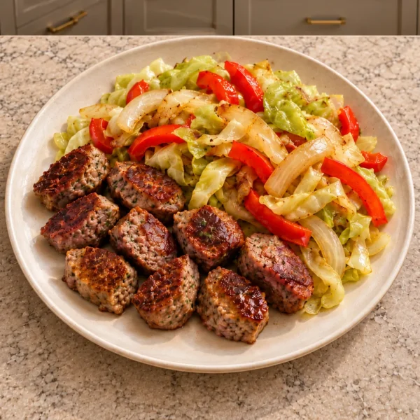 Browned homemade beef sausage with tender cabbage, onion and red bell pepper for Full GAPS