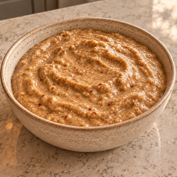 Thick sesame almond butter sauce for Full GAPS with tiny chili flecks in a ceramic bowl
