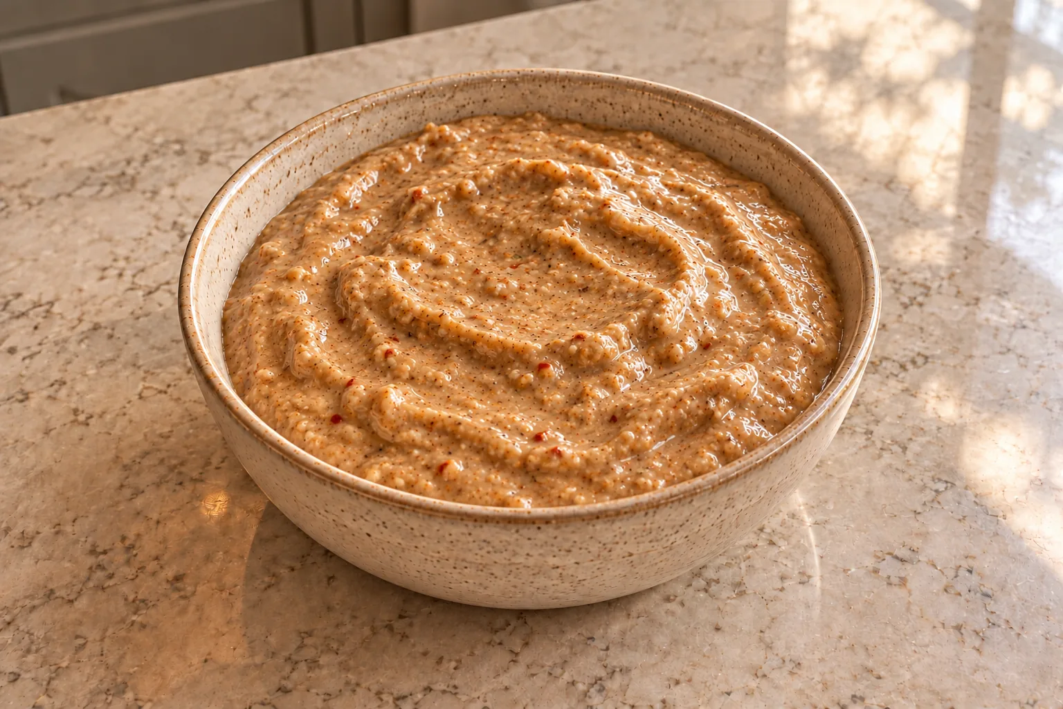 Thick sesame almond butter sauce for Full GAPS with tiny chili flecks in a ceramic bowl