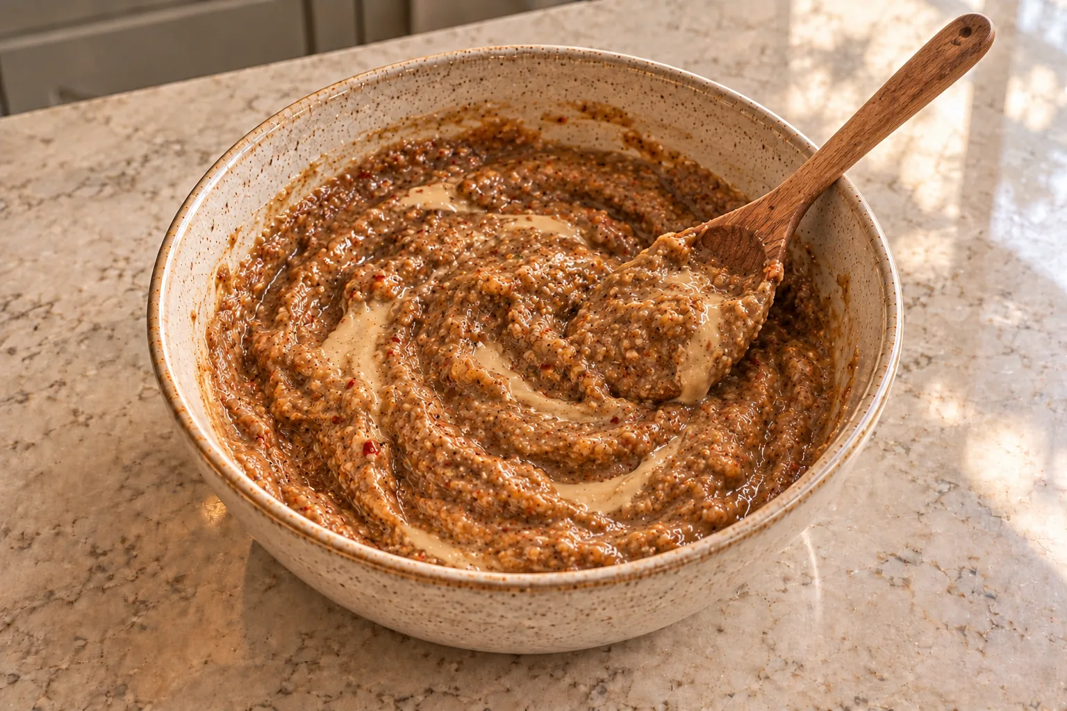 Tahini and almond butter being folded into Full GAPS sauce, with pale streaks and a sauce-coated spoon at rest