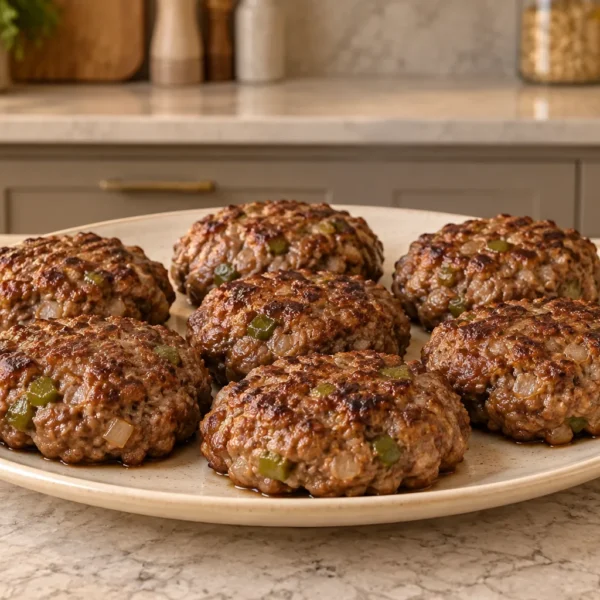 Eight skillet meatloaf burgers for Full GAPS on a cream platter