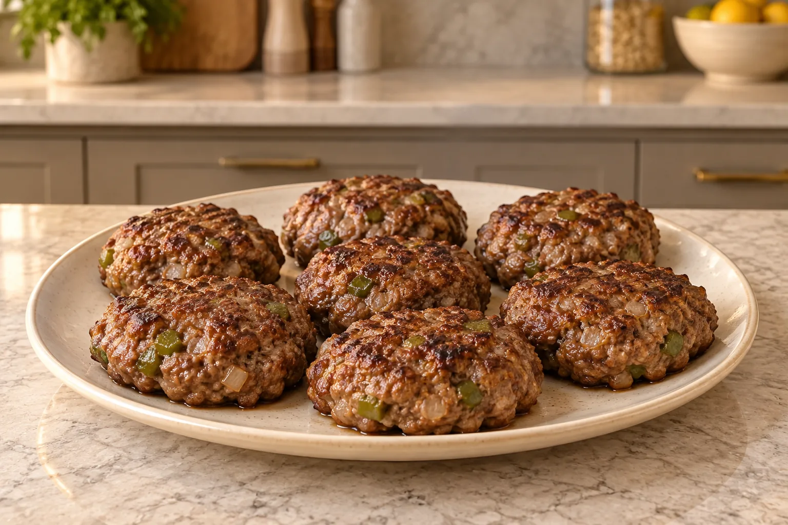 Eight skillet meatloaf burgers for Full GAPS on a cream platter