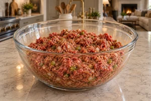 Ground beef vegetables tomato puree egg and almond flour mixed in a glass bowl