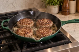 Four meatloaf burgers cooking in the exact Artichaut skillet